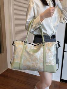 New Fashionable Travel Bag Jacquard Pattern Minimalist Niche Design Chic Popular Suitable For Short Trips Fitness Spliced Contrast Color Large Capacity Versatile Exquisite Bag - Green - View 6