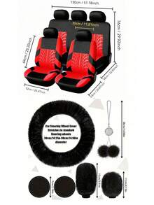 Full Set Women's Universal Car Front And Rear Seat Covers, Fluffy Steering Wheel Cover, Wool Handbrake And Gear Shift Cover, Hanging Accessory Bracket Ring Badge Sticker - Embossing - View 12