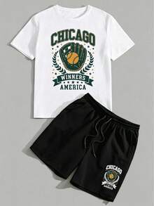 Men's Casual Street Sports Chicago Baseball Graphic T-Shirt And Green Cargo Shorts Set - T恤 - 查看 1