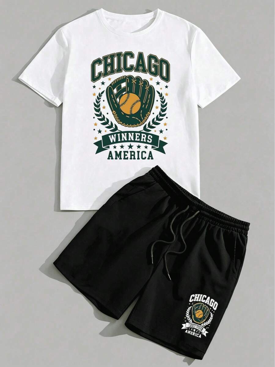 Men's Casual Street Sports Chicago Baseball Graphic T-Shirt And Green Cargo Shorts Set - T恤 - 查看 1