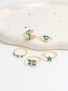 5PCS Vintage Emerald Gemstone Rhinestone Inlaid Rings, Gold Flower & Leaf Design Green Rhinestone Rings, Fashion Versatile Rhinestone Ring Set For Women - Gold - View 4