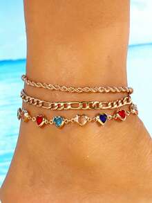 Set Gelang Kaki Rhinestone Kasual Modis 3 Buah, Perhiasan Serbaguna Musim Panas yang Dipersonalisasi untuk Wanita, Gelang Kaki Rantai untuk Liburan Pantai, Aksesoris Wanita, Hadiah untuk Teman atau Keluarga - Yellow Gold - View 9