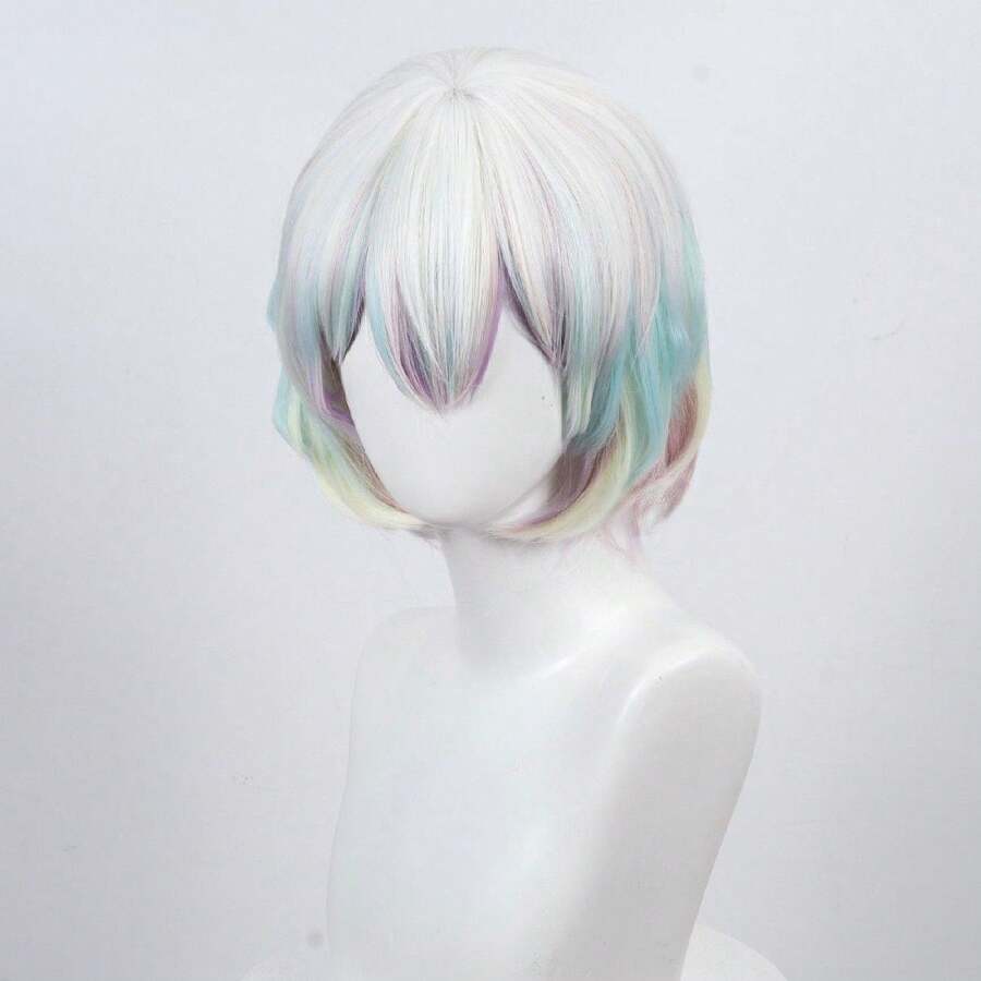 Multi-Color Short Cosplay Wig, Gradient Color, Rose Net Cap, High-Temperature Fiber Material, Approx. 10 Inches, Suitable For Anime Conventions And Daily Wear (Includes Hair Net) - Multicolor - View 1