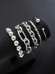 Set Gelang Rantai Tebal Gaya Punk Vintage 5 Buah, Kombinasi Rantai Cincin Logam, Kombinasi Desain Tali, Ular, dan Berpilin, Gelang Berlapis-lapis, Cocok untuk Pemakaian Sehari-hari, Hadiah Hari Ibu - Perak - View 4