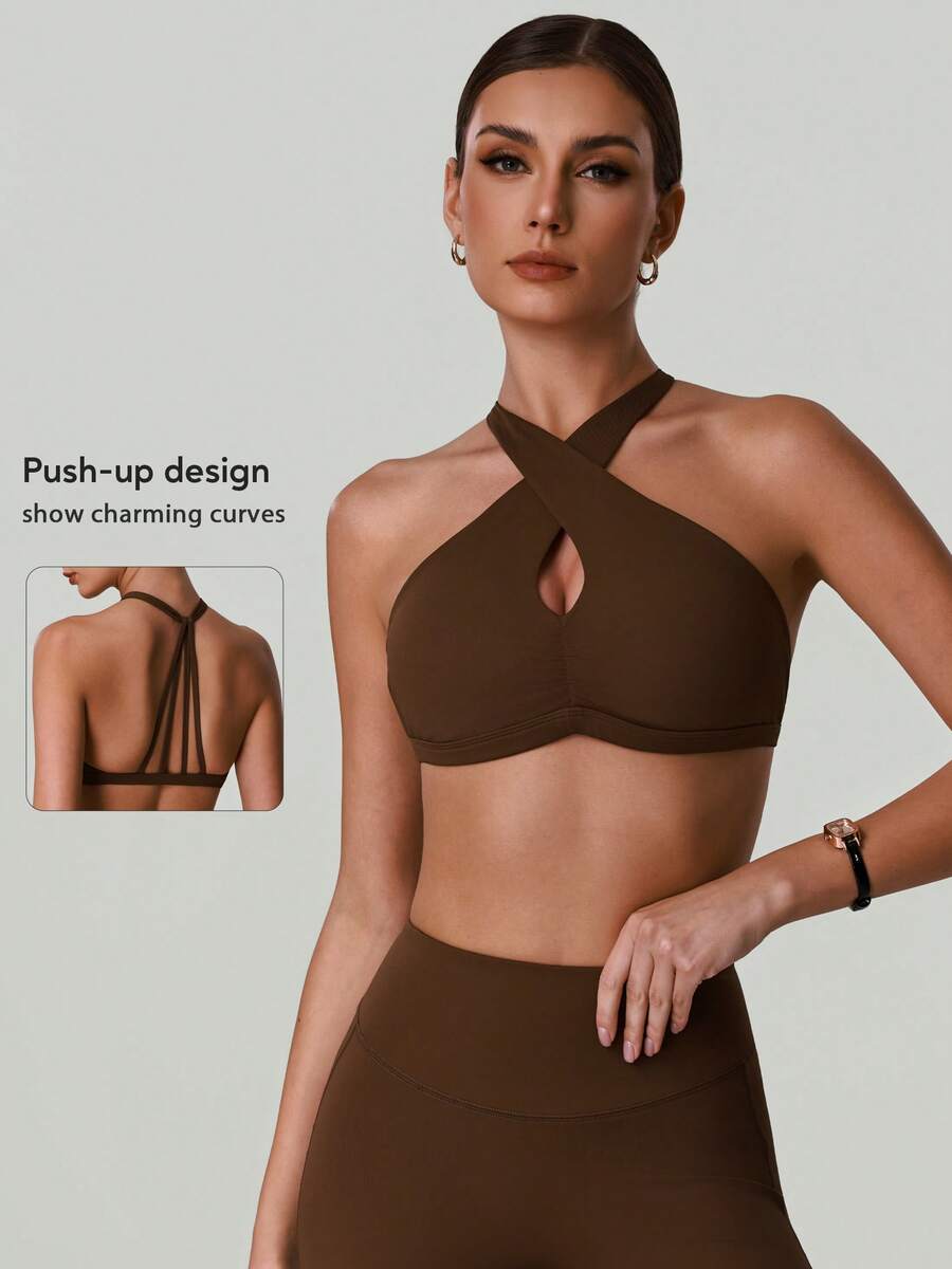 Women's Cross Strap Halter Neck Yoga Bra, Water Drop Hollow Backless Shock-Proof Push-Up Fitness Running Training Sports Bra - Brown - View 1