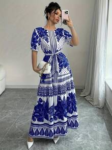 New 2026 Model: Floral A-Line Dress With Short Sleeves And Boat Neck, Elegant For Summer - 藍色 - 查看 3