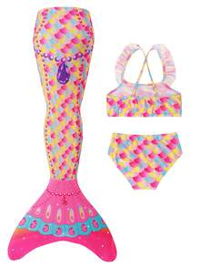 Girls Mermaid Bikini Set, Bow Strap Triangle Bottom, Vacation Fish ...