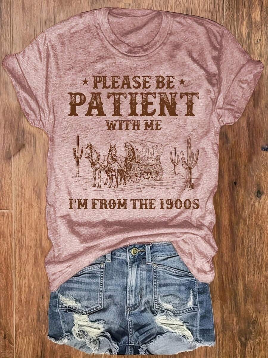 Western Style Letter Printed Round Neck T-Shirt, Casual Vacation Women'S Short Sleeve Top, Women'S Clothing, Retro Loose-Fit T-Shirt - 粉色 - 查看 1