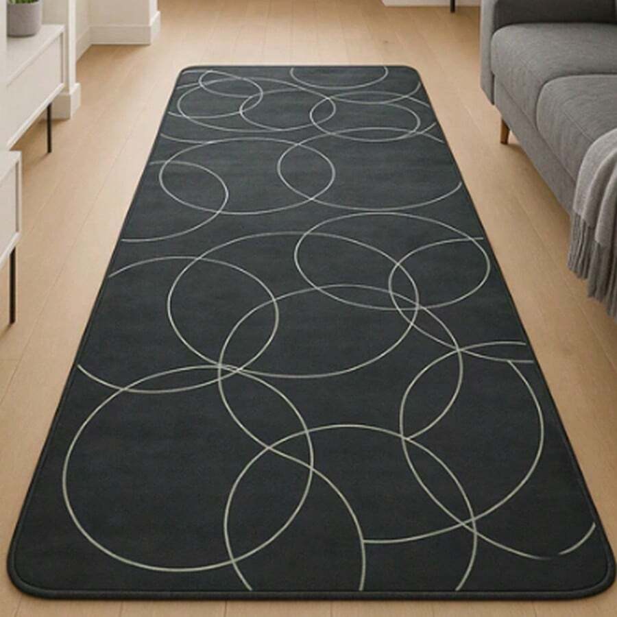 Geometric Runner Rug 2.00m X 60cm Printed Raschel For Hallway, Kitchen And Bedroom - Black Geometric - View 1