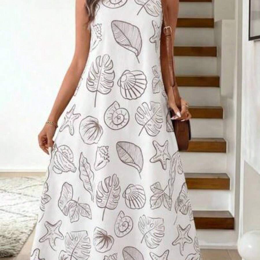 LUNE Vestido midi casual y elegante de cuello redondo, sin mangas, con bajo acampanado y estampado floral retro - Multicolor - Ver 1