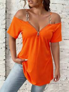Women's Plus Size Plain Off-Shoulder Top - 橘色 - 查看 2