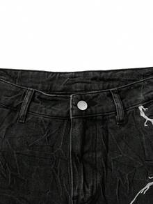 Dark Techwear Style Black & Grey Washed Denim Jeans, Lightning Embroidery Extra Wide Leg Men's Unique Casual Pants - Black - View 6