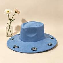 Elegant  Felt Hat With Sparkly Rhinestone Butterfly  Flower Details For Daily  Vacation Outfits - Blue - View 4