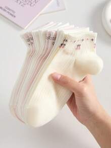 5 Paar Damen süße niedliche weiße rosa atmungsaktive Schleife Herz Hundemuster kurze Socken Knöchelsocken Crew-Socken, geeignet für tägliche Freizeitkleidung, zufällige Farben - Verschiedenfarbig - Übersicht 10