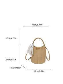 Women's Bucket Handbag, Fashionable Versatile Elegant Solid Color Striped Khaki Bag With Scarf, Suitable For Shopping And Commuting, Includes Small Pouch - Khaki - View 11