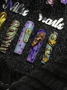 10片手工全覆蓋長方甲貼片式假指甲，紫色系，3D天使&花朵&寶石&安全針&金色漩渦裝飾，可拆卸重複使用，奢華巴洛克風派對日常款，附果凍膠與指甲銼條 - 紫羅蘭色 - 查看 6