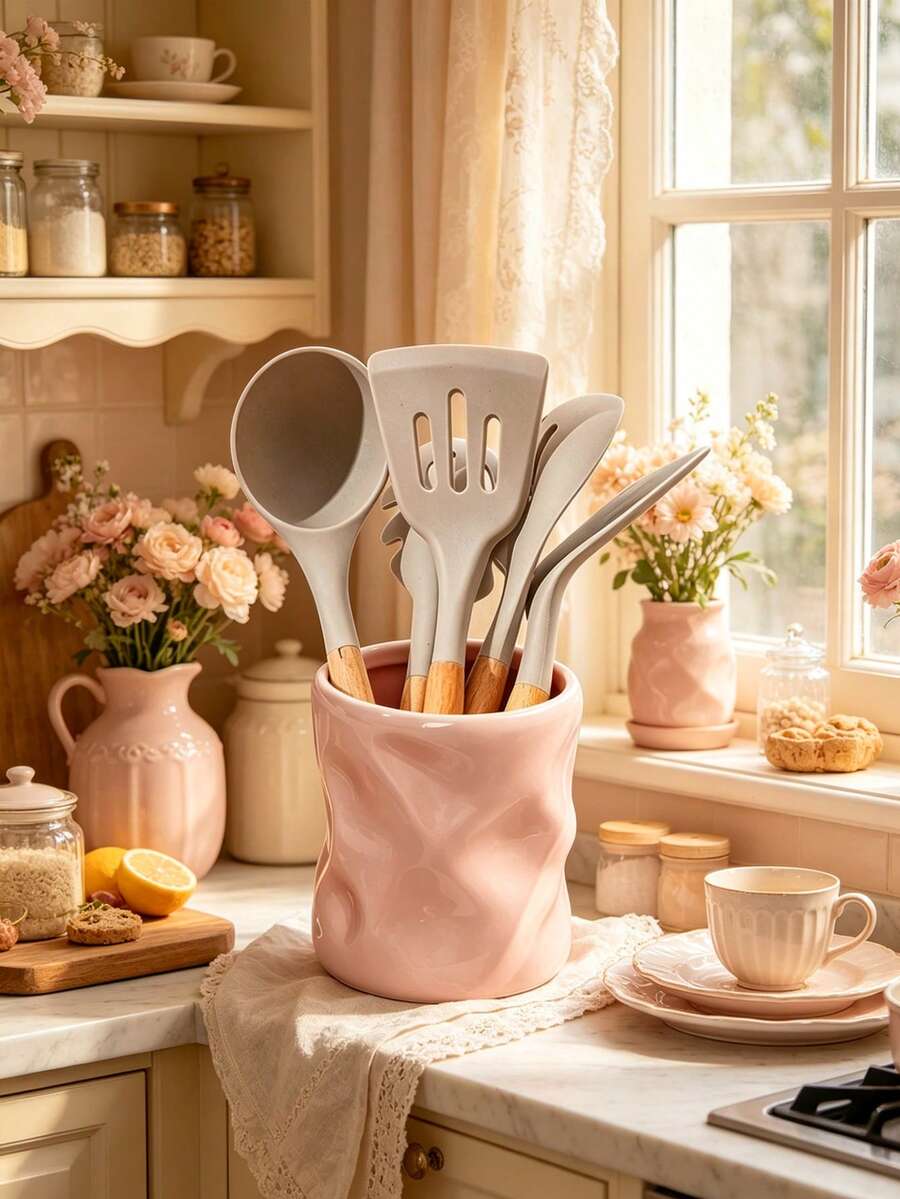 1pc Pink Resin Kitchen Utensil Holder, Stylish Wavy Countertop Organizer, Suitable For Kitchen Countertop, Country Style Kitchen Decor Storage, Used For Storing Spoons, Spatulas And Other Cooking Tools, Modern Home Kitchen Accessories, Suitable For Home Dining Room Coffee Bar, Durable Resin Material, Beautiful Countertop Storage Jar For Daily Use, Can Store Whisks, Spoons, Tongs And More, Space-Saving Kitchen Organization Solution, Suitable For Small Kitchen Apartment Country Home Decor, Great Housewarming Gift - Multicolor - View 1