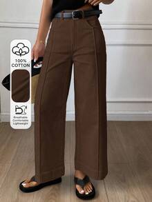 Women's Loose-Fitting Flared Pants With Pockets, Casual Solid Color Street Style Pants For Autumn - 全穀類咖啡 - 查看 1
