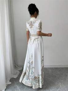 Vestido de Manga Corta con Estampado Floral y Cintura Ajustada al estilo Bohemio - Negro - Ver 8