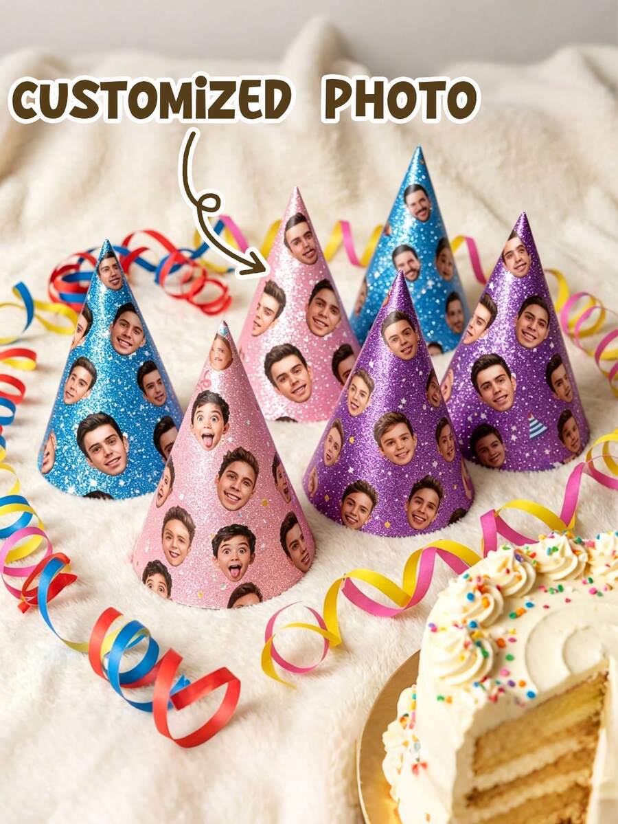Personalized Photo Party Hat, Customized Glitter Birthday Party Hat, Customized Photo Paper Party Hat, Unisex, Decorative, Suitable For Weddings, Anniversaries, Baby Showers, Group Celebrations, Birthday Party Decor, Birthday Gifts, Photo Props