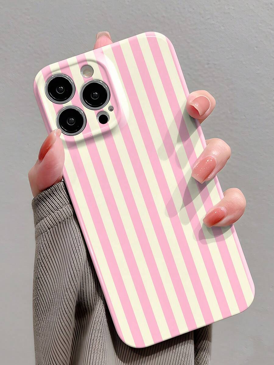 1pc Minimalist Girly Style Striped Pattern Precise Cutouts Glossy Film Full Coverage Hard Phone Case Compatible With IPhone 11/12/13/14/15/16 Pro Max