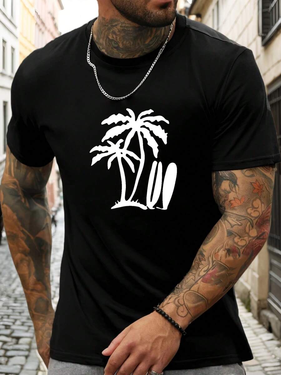 Camiseta azul para hombre con estampado de palmeras blancas y tablas de surf, camiseta casual de verano de manga corta y cuello redondo. - Negro - Ver 1