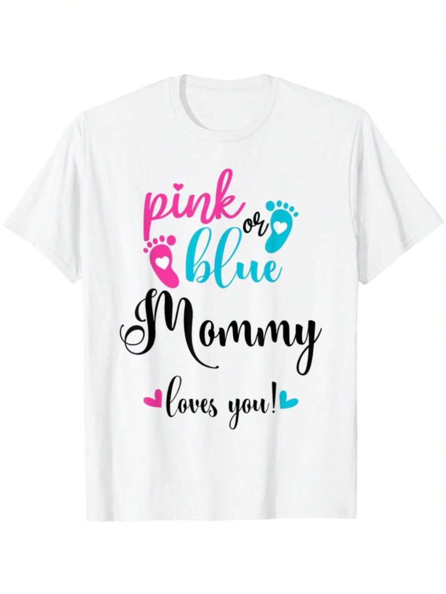 Men's Gender Reveal T-Shirt In Pink Or Blue - "Mommy Loves You" Announcement T-Shirt, Ultra Soft And Breathable Crew Neck T-Shirt, Suitable For: Casual Wear, Parties - 黑 - 查看 1