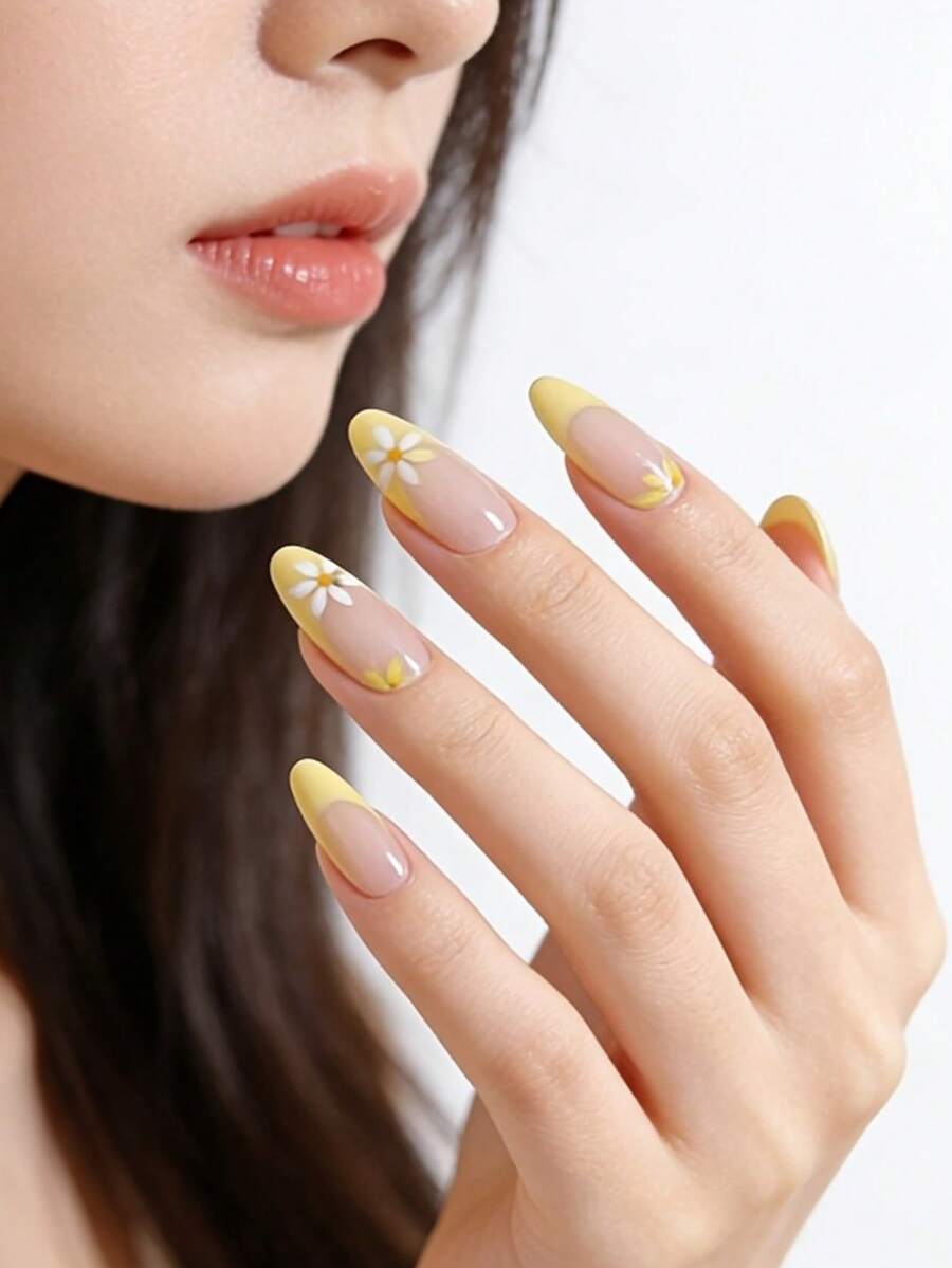 10Pcs Medium Almond Press-On Nails, Nude Base With Yellow French Tips & Daisy Flower Accents, Spring/Summer Wearable Nail Kit For Women, Reusable - Yellow - View 1