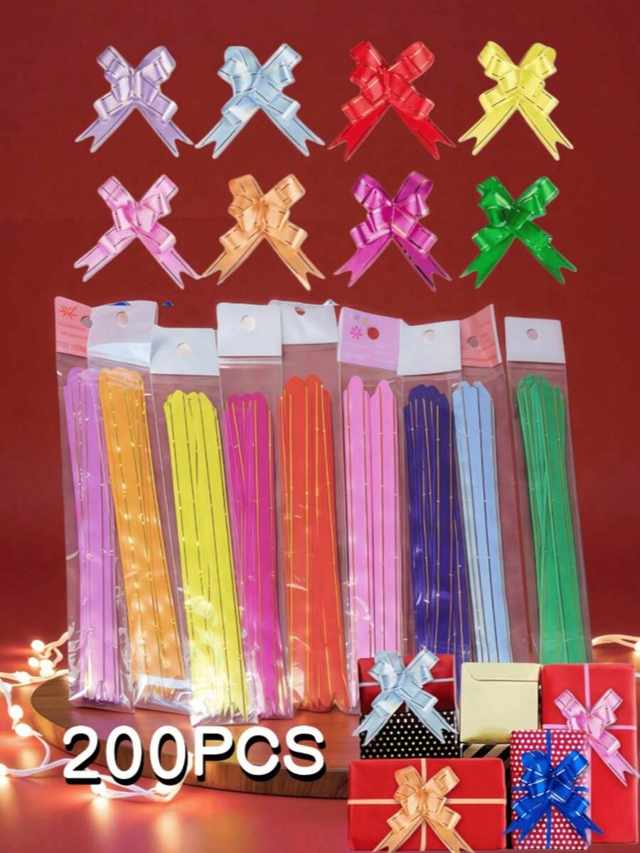 100pcs/200pcs Gift Basket Drawstring Bows, Spring Gift Packaging Decor, Gold Edged Drawstring Bows With Ribbons, Suitable For Birthday, Wedding, Easter Gift Wrapping