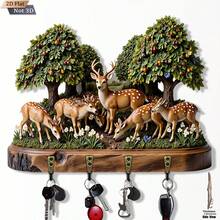 Forest Deer Wooden Decorative Key Rack, Nordic Style Entryway Small Item Decorative Storage Rack, Wall-Mounted Wooden Hanging Rack, Rustic Style Key Rack, Behind Door Key Rack, Home Decor Hanging Ornament - Multicolor - View 3