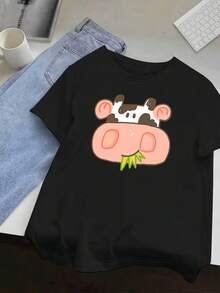 ve, diseño de cara de vaca de dibujos animados y puntos negros, transpirable para uso diario en primavera y verano, disponible en varios colores (se muestra el beige claro) blusas para mujer - Albaricoque - Ver 7