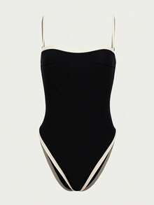 HOTTIE HABIT Maillot de bain une pièce sexy pour femmes avec bretelles spaghetti, blocs de couleurs noir et blanc, bordure contrastée, coupe haute, convient pour les vacances d'été à la plage - Multicolore - Voir 6