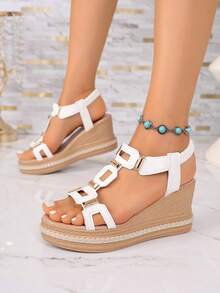 Women's Summer New Fashion High Heel Sandals To Match Skirts, Casual White Round Toe Thick Sole Wedge Heel, Vintage Roman Sandals, Comfortable Commute Work Height-Increasing Thick Sole French Versatile Casual Vacation Wedding Beach Bohemian Nightclub Runway Sexy Party Multi-Scenario Ankle Strap Slip-On Fashion High Heel Sandals - White - View 7