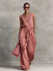 Sleeveless Cotton Blend Jumpsuit With Drawstring 2026 - Pink - View 5