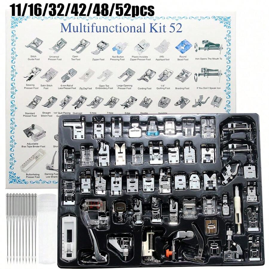11/16/32/42/48/52件縫紉機壓腳套組,完整縫紉機壓腳套件,家用縫紉機縫紉配件,縫紉機配件,DIY縫紉配件 - 銀色 - 查看 1
