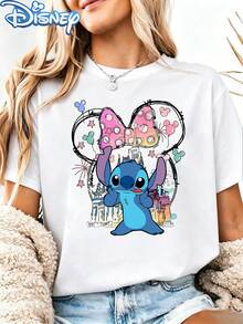 Disney Lilo & Stitch Castle Minnie Bow Women's T-Shirt, Coquette Theme Park Print, Cute Balloon Fireworks Graphic Casual Summer Tee - 白色 - 查看 1