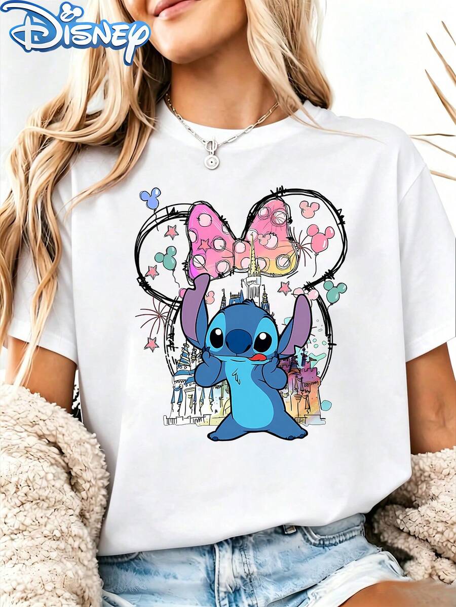 Disney Lilo & Stitch Castle Minnie Bow Women's T-Shirt, Coquette Theme Park Print, Cute Balloon Fireworks Graphic Casual Summer Tee - 白色 - 查看 1