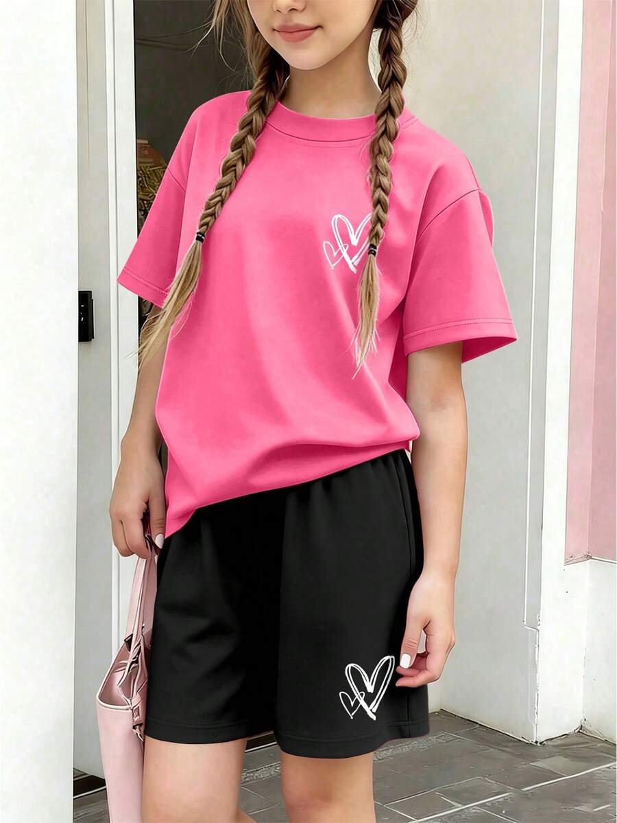Set 2pcs/Set Kaos Lengan Pendek dan Celana Pendek Motif Hati untuk Remaja Perempuan, Potongan Longgar Kasual, Cocok untuk Liburan dan Belanja, Musim Panas - MultiWarna - View 1