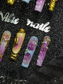 10pcs Handmade Fully Covered Long Square Nails Press On Nails, Lilac Purple Nails, 3D Flower&Angel&Rhinestone&Ripple Decor, Y2K Dreamy Gorgeous Style, Removable And Reusable False Nails For Party, Daily Wear & Cosplay, With Jelly Glue And Nail File - Lilac Purple - View 6