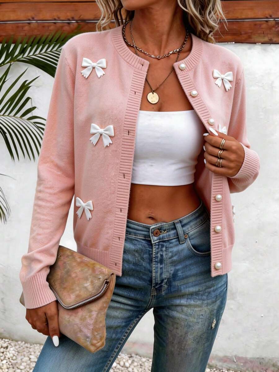 Chaqueta de Punto Beige Claro para Mujer, con Lazo Blanco y Botones de Perla, Estilo Dulce Chic Ocasiones	Citas, salidas casuales, reuniones con amigas, looks de primavera y otoño - Rosa - Ver 1