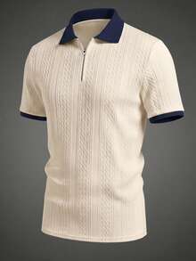 Men's Summer Jacquard Textured Contrast Color Half-Zip Polo Shirt, Casual Minimalist Urban Mature British Gentleman Style - Apricot - View 3