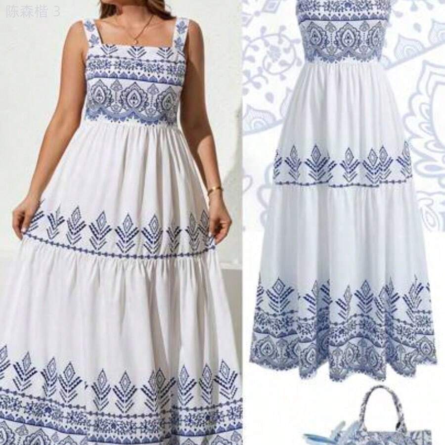 yonghongmaoyi1  Vestido de tirantes finos con volantes en el bajo, estilo romántico y vacacional, en rojo y blanco, para mujer talla grande. Vestido floral, - Azul y blanco - Ver 1