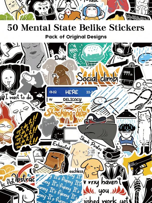 YWWBLD 50 piezas Pegatinas de Estado Mental Belike, Adecuadas para Monopatín, Guitarra, Equipaje, Álbum de Recortes, Decoración de Regalos para Fiestas Festivas, Pegatinas de Grafiti DIY