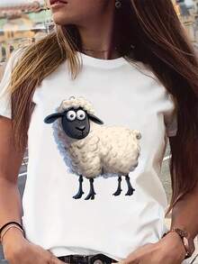Camiseta de mujer con bonito estampado de oveja y cuello redondo - Blusa suave de oveja, prenda superior cómoda lavable a máquina adecuada para fiestas, bodas, disfraces de rol y atuendo cas - Blanco - Ver 2
