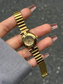 1件復古銀色不鏽鋼方形小錶盤女款手錶，時尚優雅石英女士腕錶，適合日常佩戴 - 金色 - 查看 5