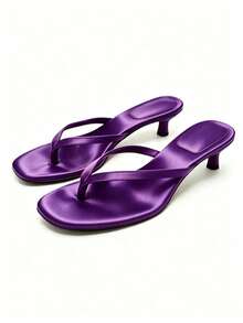 Women's Mid-Heel Sandals White Lace-Up Decor Open Toe Toe-Clip Mid-Heel Slides 2026 Spring/Summer New Kitten Heel Beach Vacation Outdoor Slippers - Purple - View 2