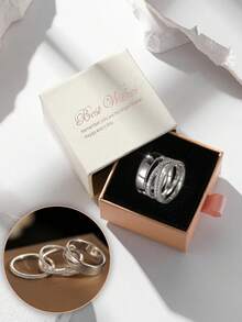 Gift Box 3pcs Silver Ring Set, Wide Polished Band, Zirconia Eternity Ring And Twisted Full Rhinestone Ring, Unisex Stackable Couple Rings - Silver - View 6