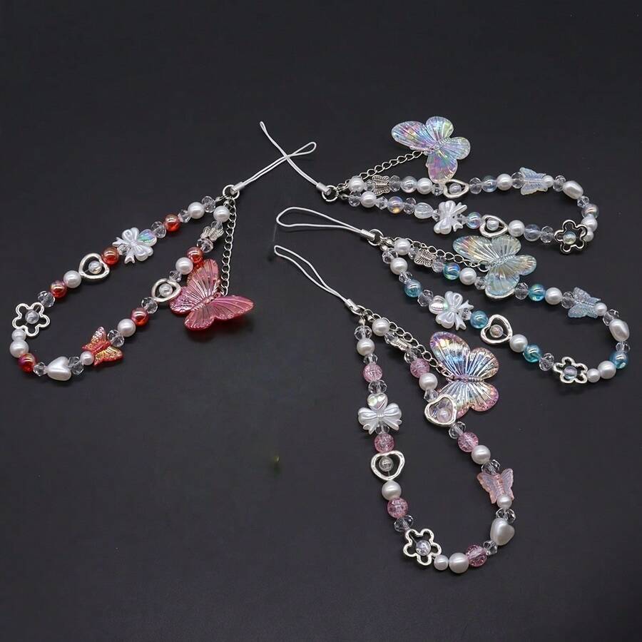1pc Women's Y2K Style Shiny Butterfly Beaded Round Bead Exquisite High-End Phone Chain, 4 Colors Available, Elegant For Multiple Occasions, Suitable As A Beautiful Gift For Mother, Partner, Wife, Friend - Multiple Styles - View 1