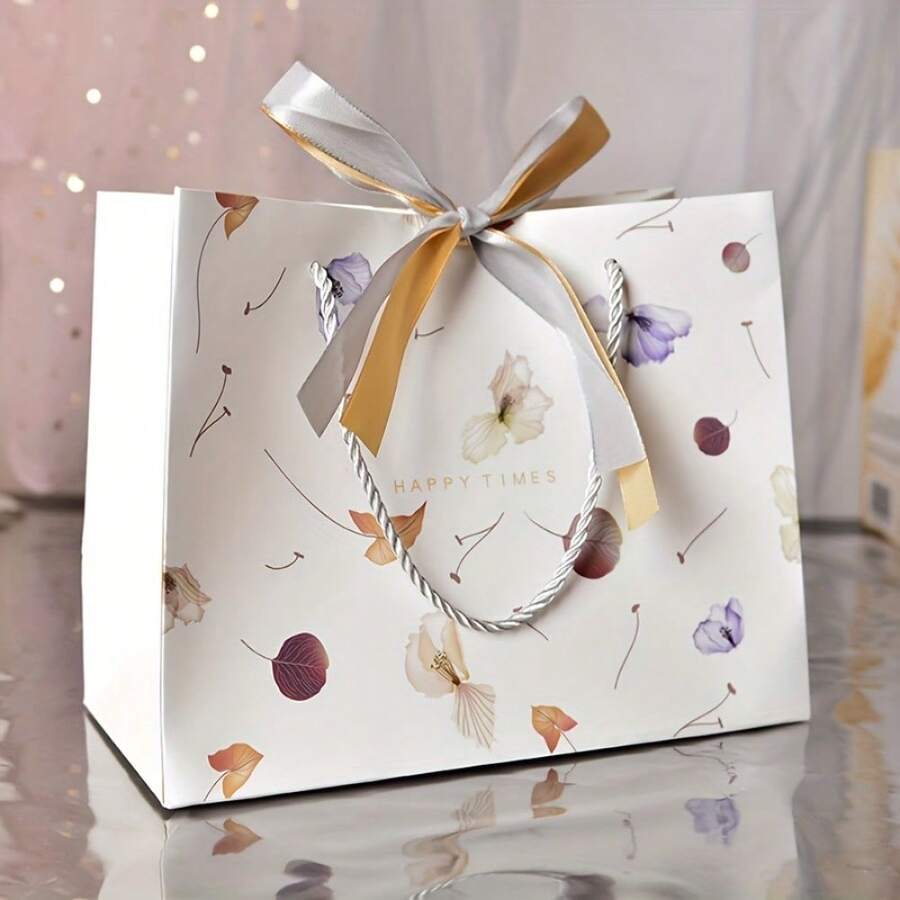 10pcs White Gift Bag, Fallen Leaf Flower Gift Packaging Bag, Birthday Party Tote Bag, Paper Bag, Snack Candy Bag, Suitable For Weddings, Business Partners, Souvenirs, Birthdays, Valentine's Day, Mother's Day, Holiday Gift Packaging - 10pcs - View 1