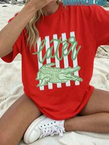 Casual Red Short Sleeve Round Neck Tee With Crocodile Graphic Print, Regular Length Fabric T-Shirt For Summer Outfits - 1 紅色 - 查看 1